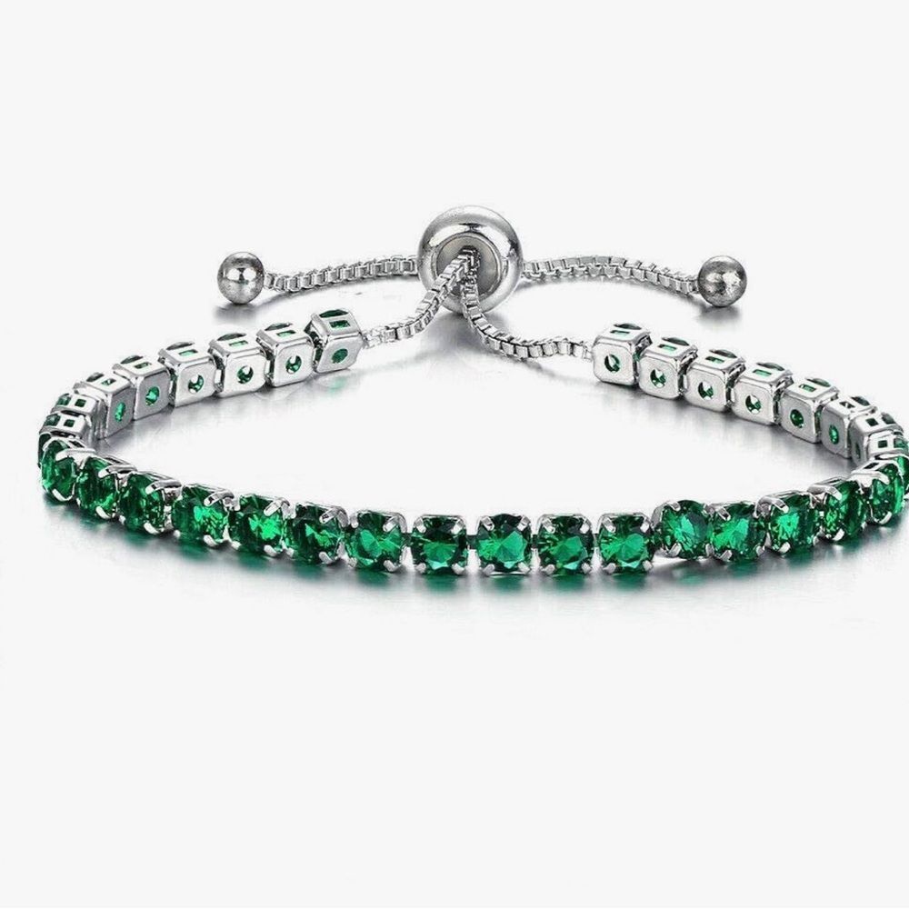 NEW 14K White Gold Plated Elegant GreenTennis Bracelet